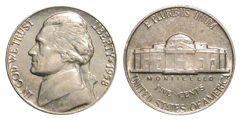 1958 Jefferson nickel obverse and reverse showing Monticello and mint mark location
