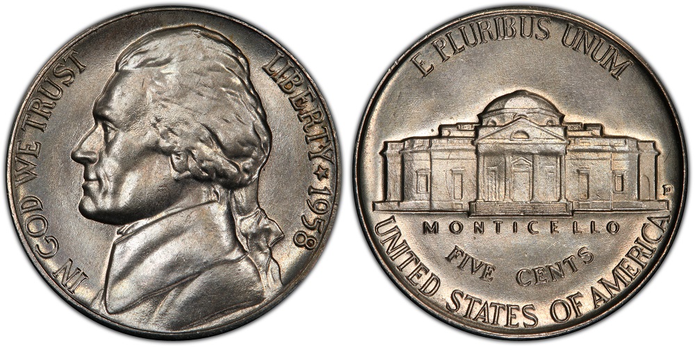 1958 Jefferson nickel grading strip showing four condition tiers from Worn through Gem Uncirculated