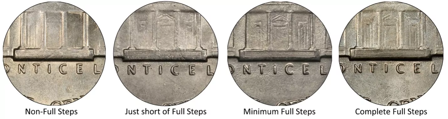 Side-by-side comparison of 1958 Jefferson nickel Monticello steps: incomplete steps left vs Full Steps right