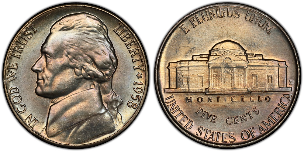 Close-up of 1958 Philadelphia nickel Monticello showing rare Full Steps five unbroken step lines
