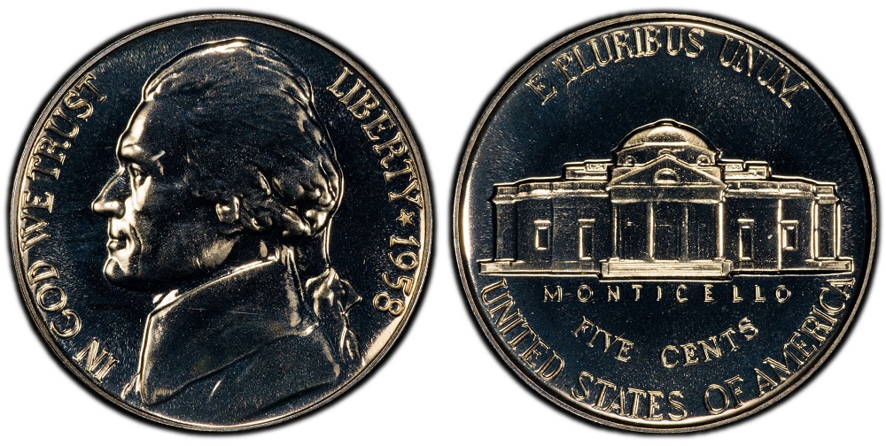 1958 proof Jefferson nickel Deep Cameo showing frosted Jefferson portrait against mirror-like fields