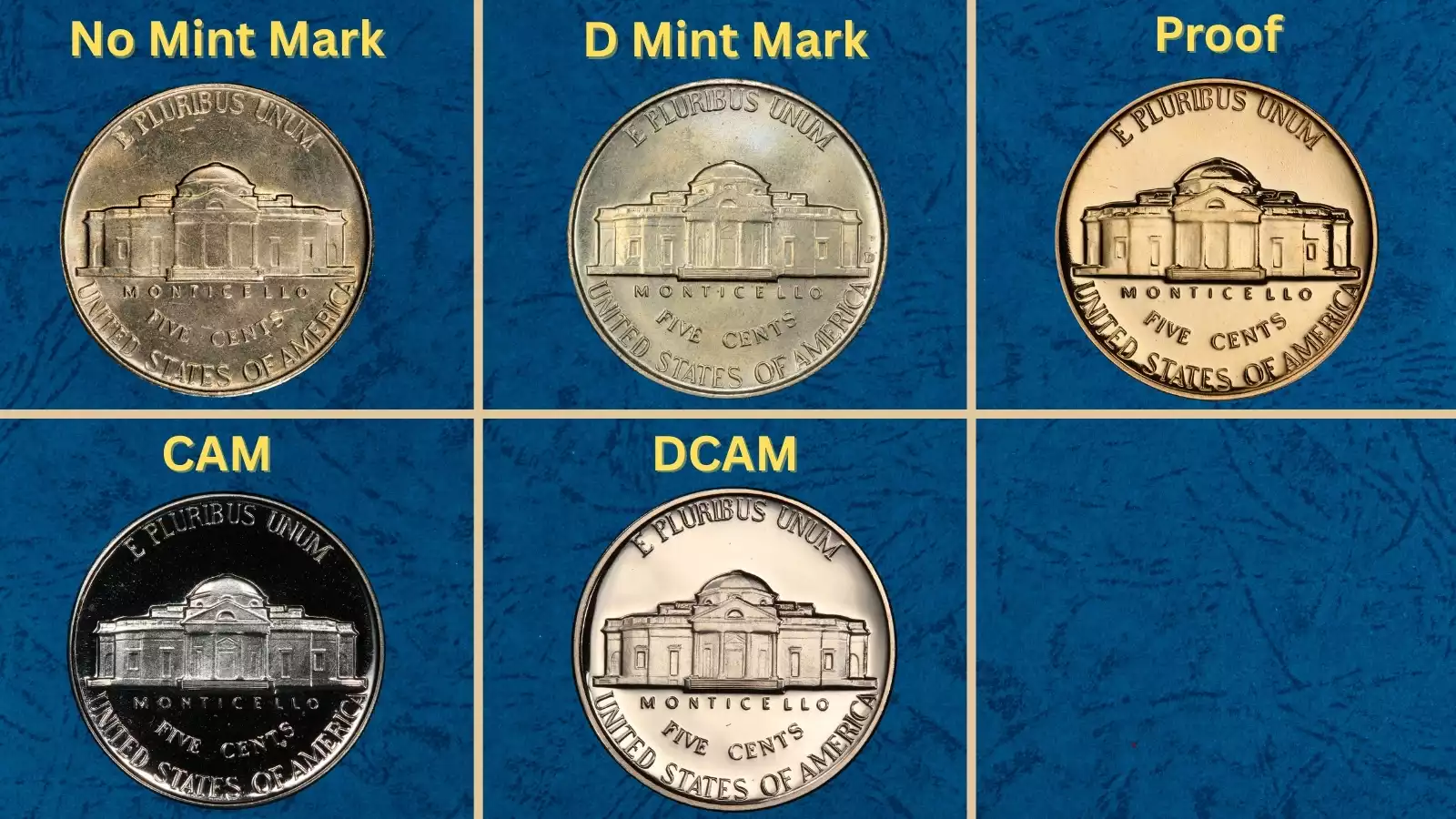 Group of 1958 Jefferson nickels from Philadelphia and Denver mints showing range of conditions and surfaces